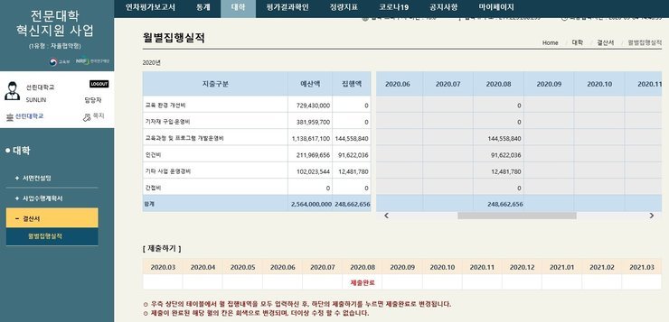 집행실적 제출화면